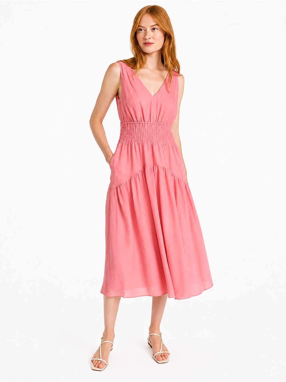 Vince Sleeveless V Neck Smocked Midi Dress Rosa Pink Preppy Classic Womens XS